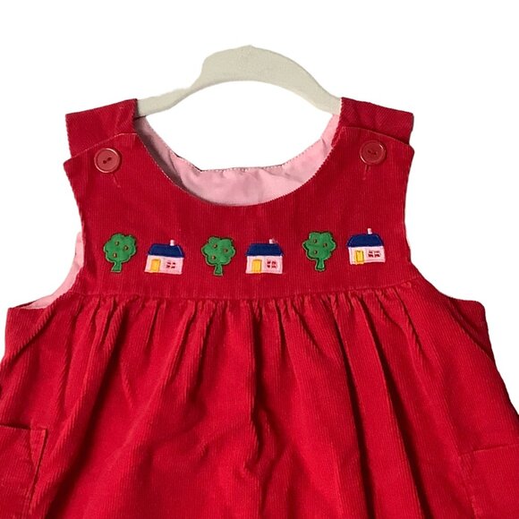 Vtg Embroidered Sleeveless Corduroy Jumper Dress Apple Tree House Girl Red 3T - Picture 2 of 8